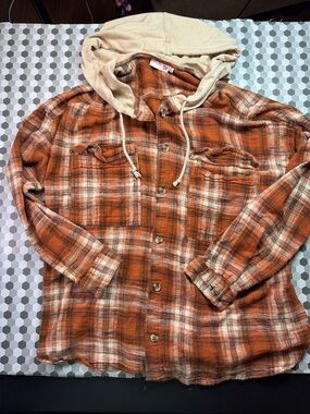 SO Orange Plaid Hooded Shirt with Cream Hood